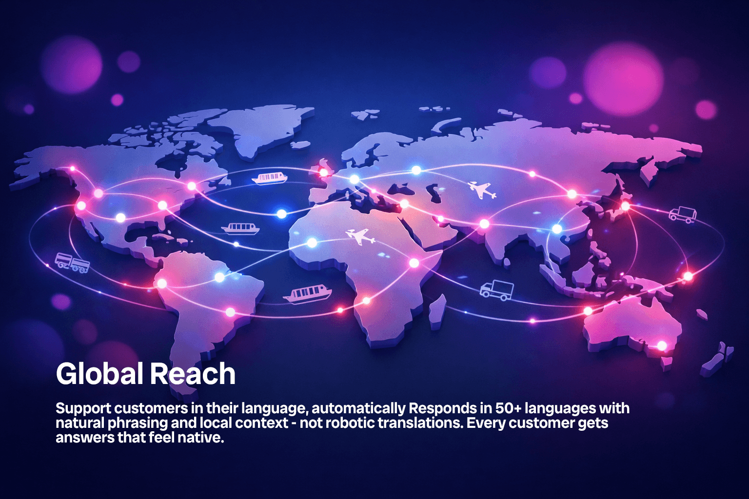 Global logistics world map with glowing shipment routes and connection points.