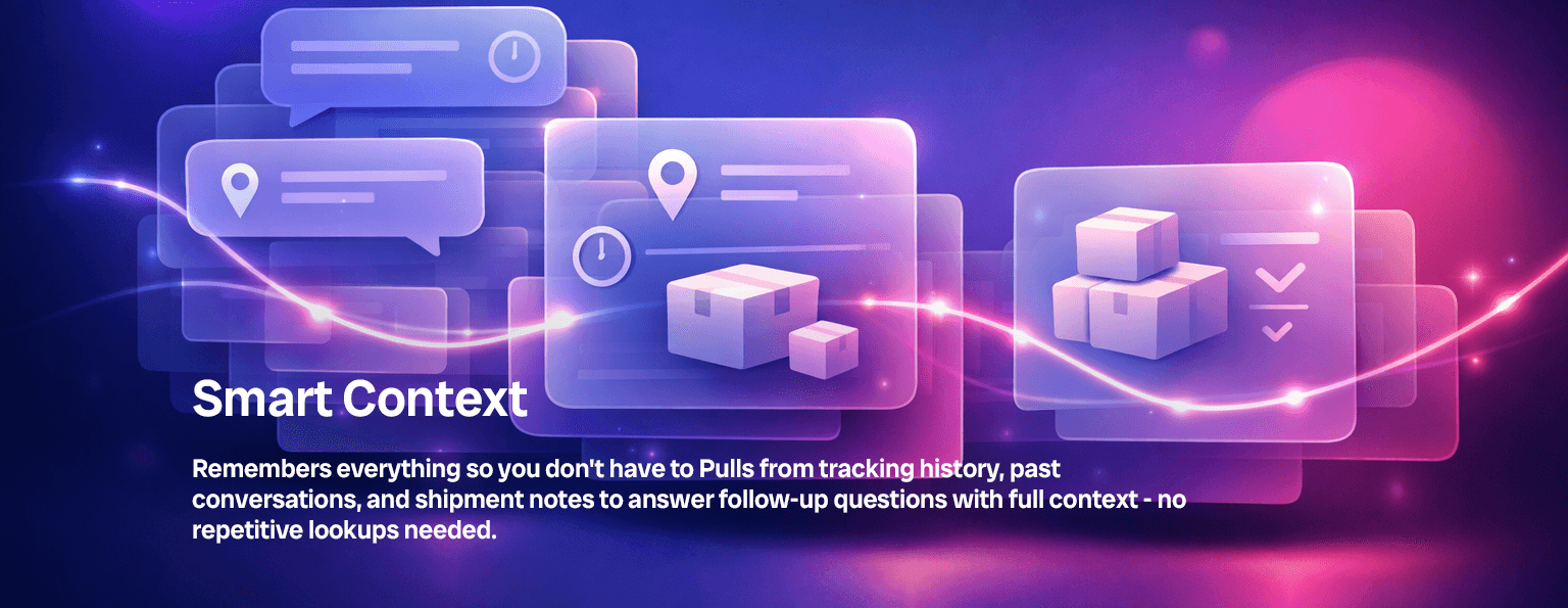 Stacked translucent shipment context cards connected by a glowing line.